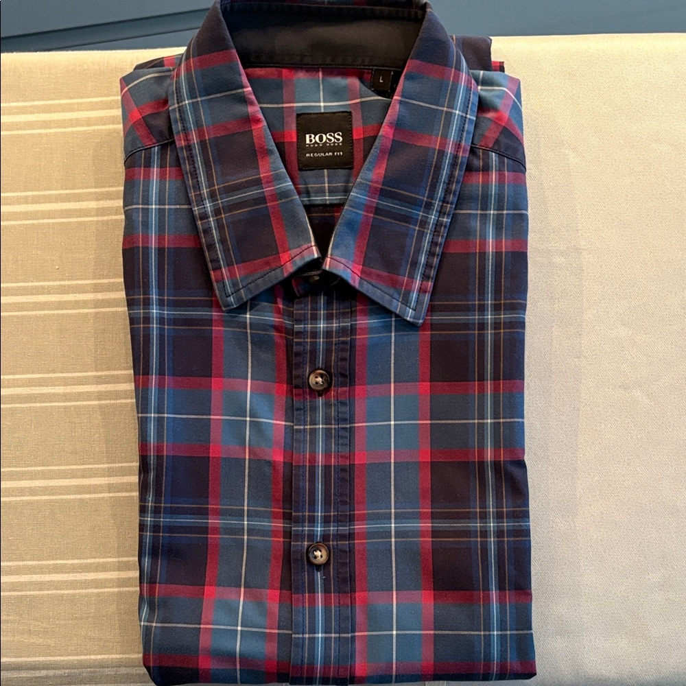 Boss Men's Blue and Pink Plaid Shirt